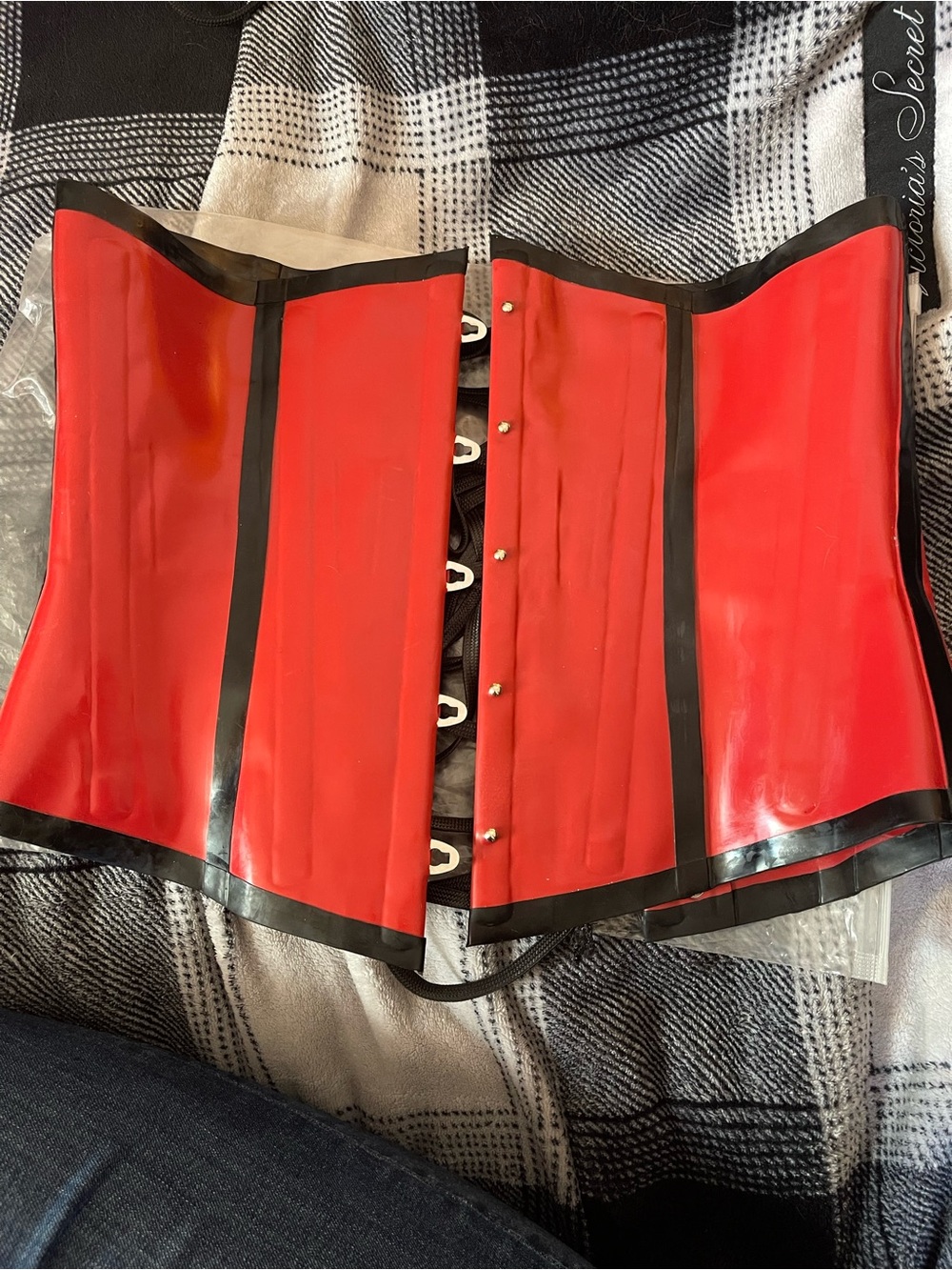 Red Latex Underbust Corset with Black Trim